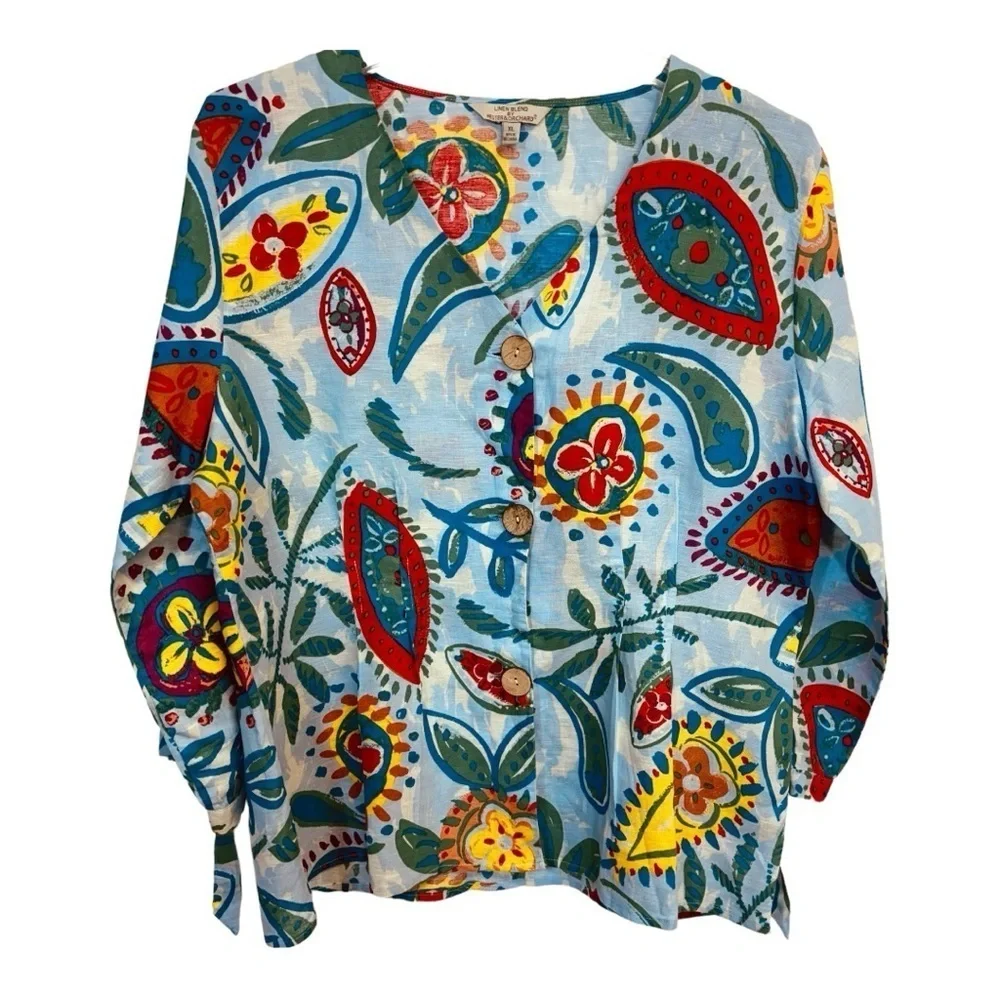 Hester & Orchard Cotton Linen Blend Blue Print 3/4 Sleeve V Neck women’s Size XL - Picture 2 of 10